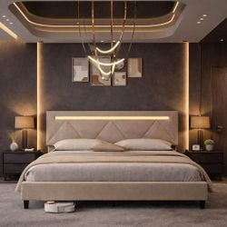 King size bed frame with LED Headboard, Upholstered Platform, Charging Station, beige D-42