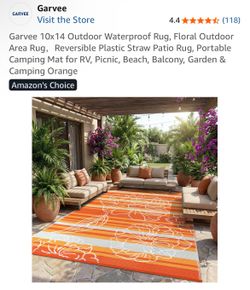 Garvee Outdoor Waterproof Reversible Orange Floral Area Rug 10’x14’