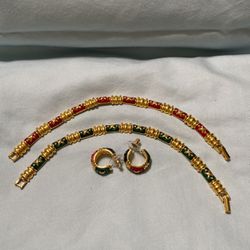 Vintage Signed Joan Rivers, Gold Tone, Red & Green Enamel X-Link, Bracelets w/Matching  Earrings.