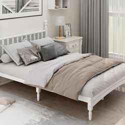 Queen Wood Bed Frame with Headboard, Solid Rubber Wood with Central Supports, 1000Lb Capacity,White