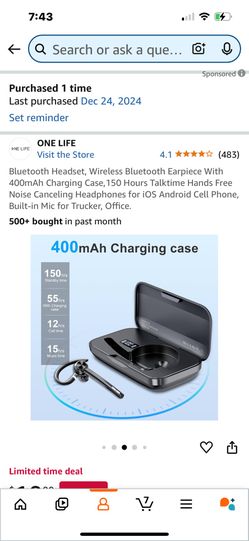 Bluetooth Headset, Wireless Bluetooth Earpiece With 400mAh Charging Case,150 Hours Talktime Hands Free Noise Canceling Headphones for iOS Android Cell