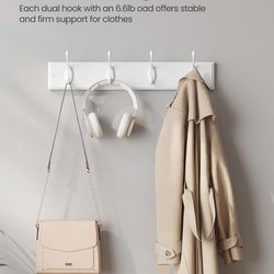2 Pack Wall-Mounted Coat Rack, Hook Rack, 8 Dual Metal Hooks, for Coats, Bags, Keys, in The Entryway, Bedroom, Living Room, White ULHR232W01