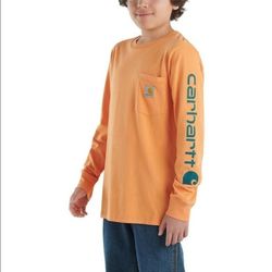 Carhartt Boys Long Sleeve Crew Neck Pocket Graphic Logo T-Shirt Size 5 Orange
