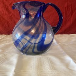 Large  Blue Striped Translucent Pitcher