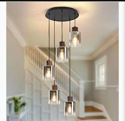 Pendant Light Fixture, Black Small Chandelier Light with Gray Gradient Glass Shade, E26 Base 5-Light Kitchen Island Hanging Pendant Lighting