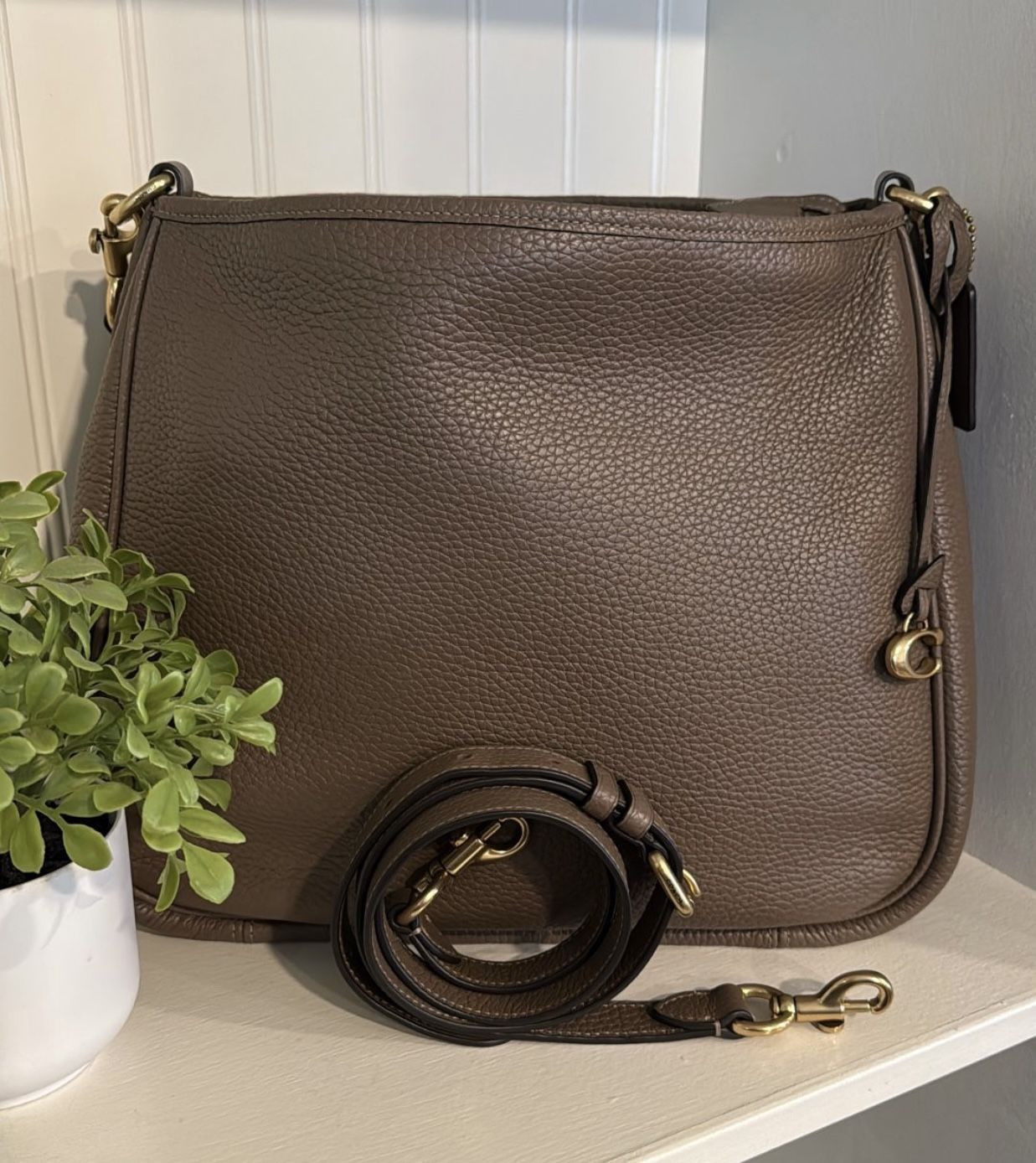 Coach Dark Stone Soft Pebble Leather Cary Shoulder Bag with Convertible Straps