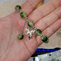 Green Beaded Stretch Bracelet  With A Butterfly 🦋 Charm 