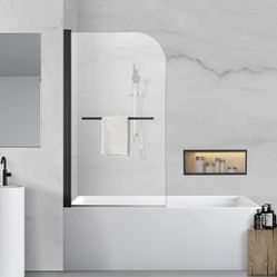 Bathroom Shower Glass Door 34 * 58 Inch Frameless Bathtub Shower Screen with Tempered Glass (6mm), Matte Black Finish and Door Handle