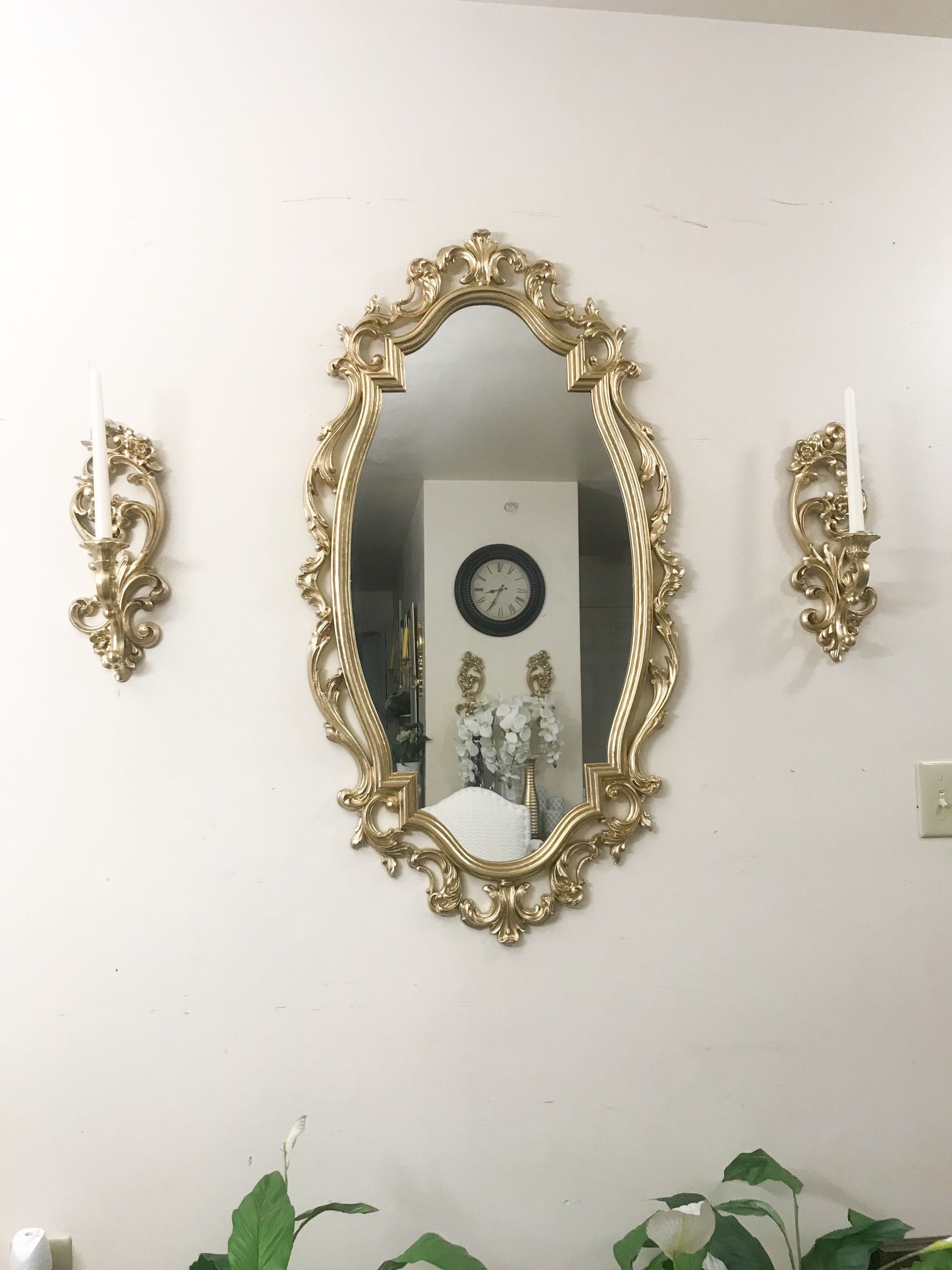 Golden Wall Mirror With 2 Wall Sconces