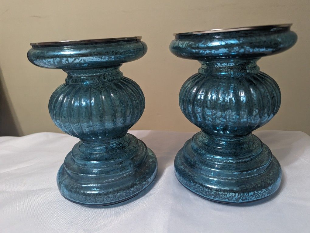 Turquoise Glass Light Up Pillar Candle Holders