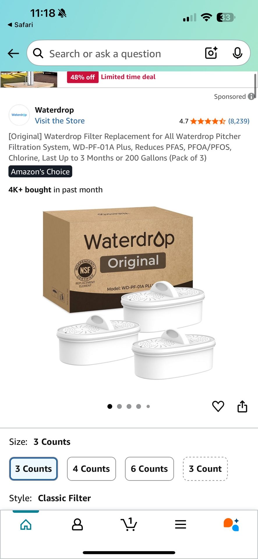 Waterdrop Filter Replacement for All Waterdrop Pitcher Filtration System, WD-PF-01A Plus, Reduces PFAS, PFOA/PFOS, Chlorine, Last Up to 3 Months or 20