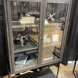 Mercana Arelius 36L x 18W x 63H Black-Brown Wood w/ Black Metal Base Display Cabinet