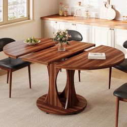 43.3"-59" Extendable Round Dining Table for 6-8, Double Curved Base, Walnut
