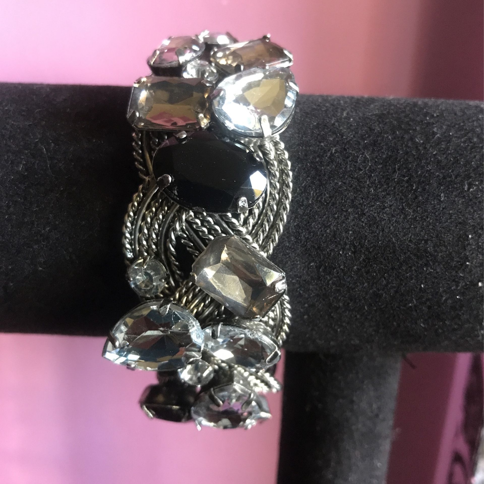 Flexible Braided Cuff Bracelet Textured Heavy Metal Silver Tone Clear And Faux Onyx Rhinestones