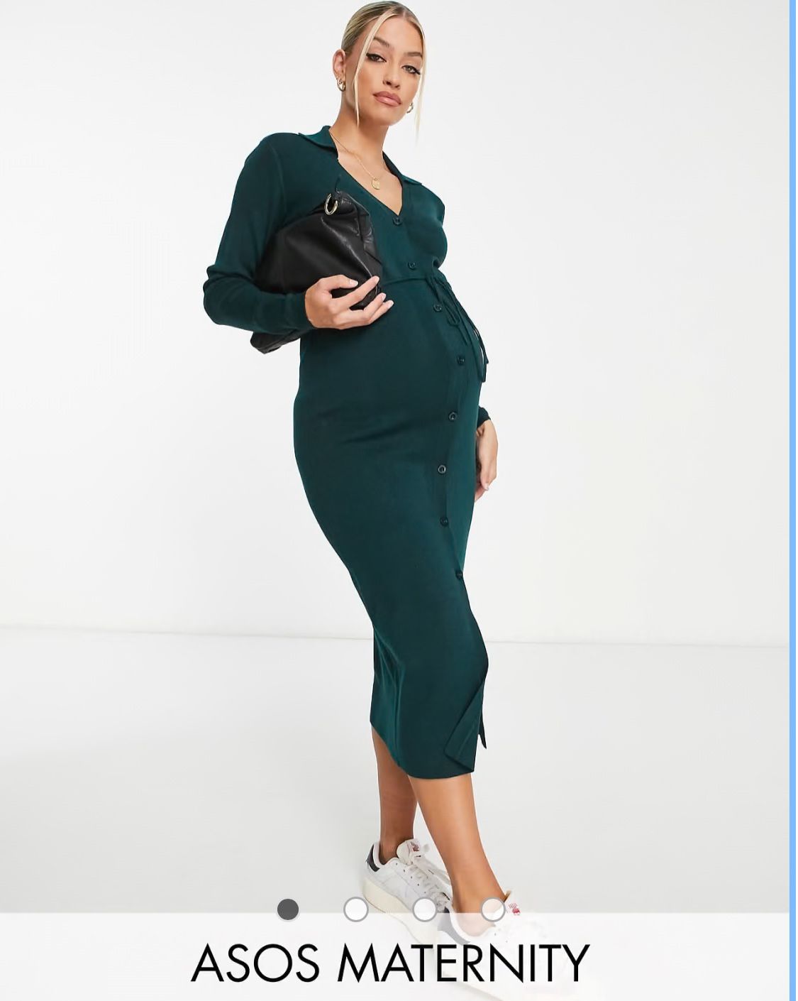ASOS MATERNITY KNITTED MIDI DRESS WITH OPEN COLLAR & TIE WAIST DARK GREEN SZ 10