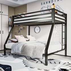 Metal Loft Bunk Bed Twin Over Full Size with Landder, Matte Black Safety Guardrail,No Box Spring Needed, Space Saving Bedroom Furniture