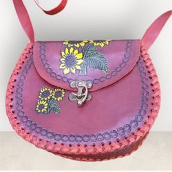 Mexican Hand Tooled Leather Handbag Purse Genuine Leather FLOWERS 