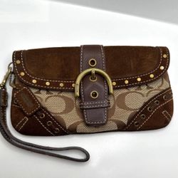 Coach Brown Soho Signature Canvas Suede Wristlet- Cute Bow Detail