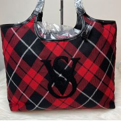 Victoria's Secret Red Plaid Tote Bag & Cozy Sherpa Blanket NEW