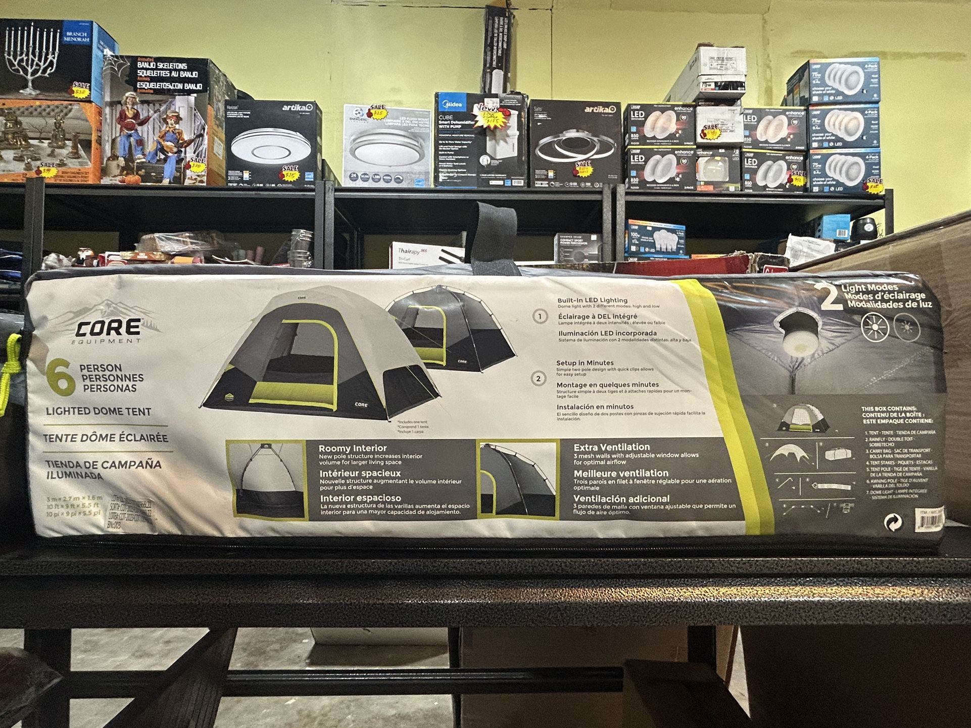 Core Equipment 6-Person Lighted Dome Tent 2 Light Modes Water Resistant Gray - NEW