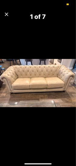 Classic Tufted Leather Sofa Neutral Cream