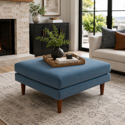 36” Blue Velvet Coffee Table Ottoman | Modern Square Accent Table