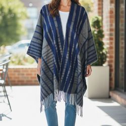 Wool rich Women’s Ultra Soft Brushed Woven Fringed Blanket Wrap OSFA Blue Gray Plaid