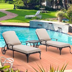 411  Chaise Lounge Chair Outdoor - Pool Lounge Chairs Set of 2 with Cushion and 1 Outdoor Side Table Cast Aluminum Waterproof Lounger with Wheels and 