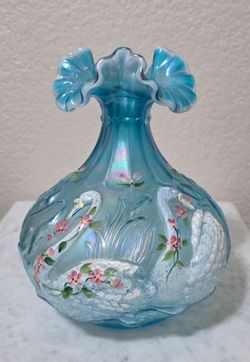 Fenton blue hand painted swan vase vintage
