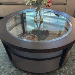 Round, Glass Topped Coffee Table And 2 Matching End Tables
