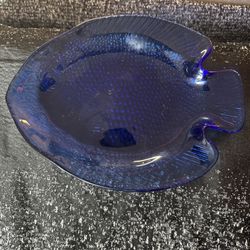 Dark Blue Glass Hand Blown Fish Plates Vintage And Handmade 