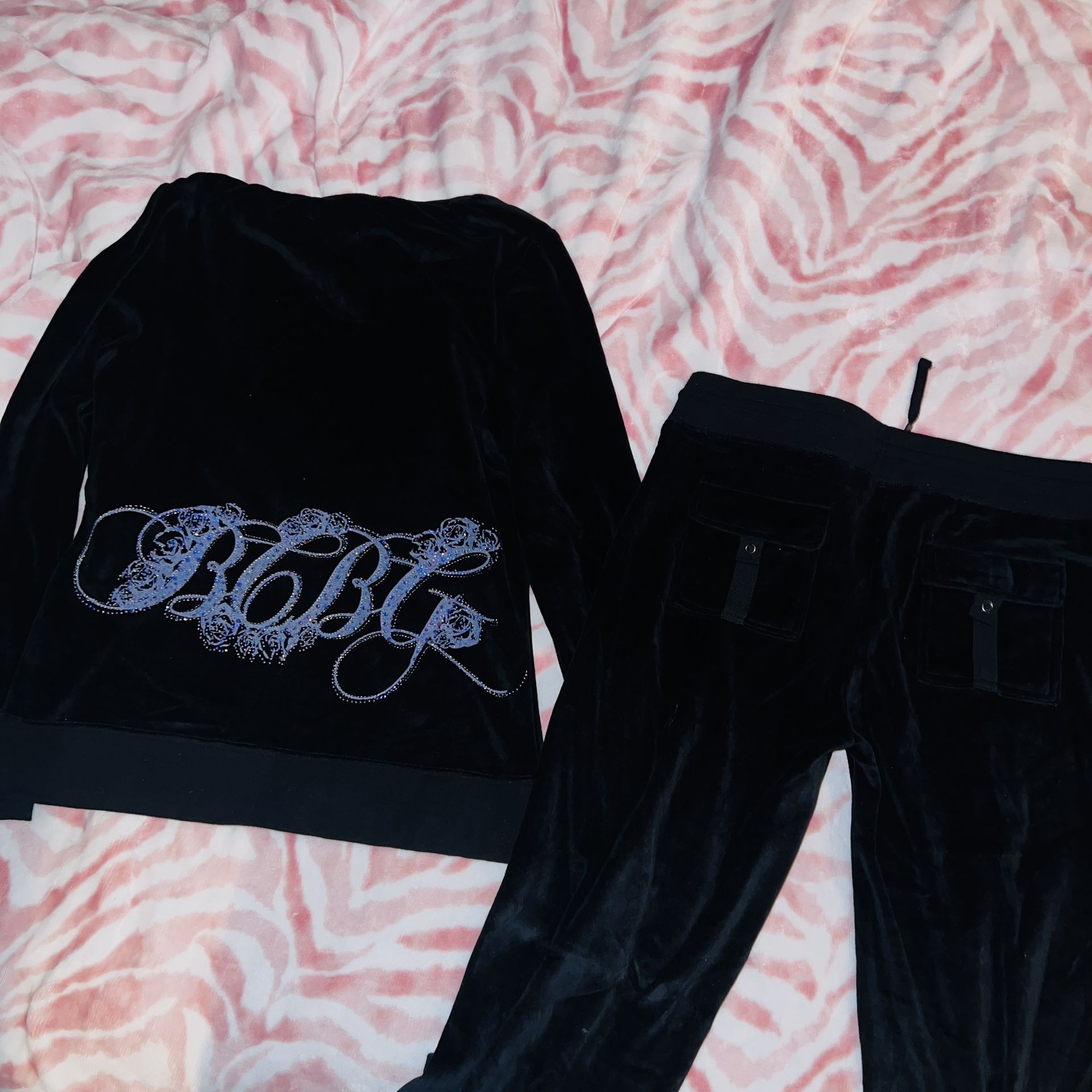 New Large Black BCBG 2-Piece Tracksuit Jacket + Track Pants Floral Set MSRP $160