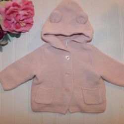 Baby Gap Girl 3-6 Month Pink Bear Hooded Garter Knit Cardigan Sweater 