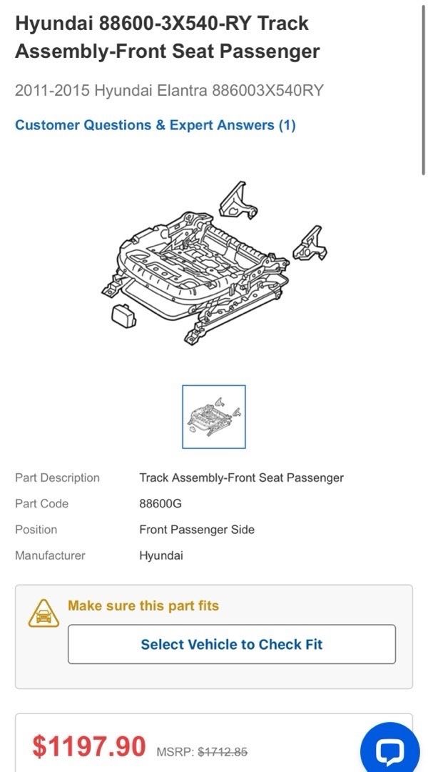 OEM 88600-3X540-RY Track Assembly-Front Seat Passenger 2011-2015 Hyundai Elantra