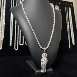 925 Italian Silver Rope Chain With San Judas Pendant 