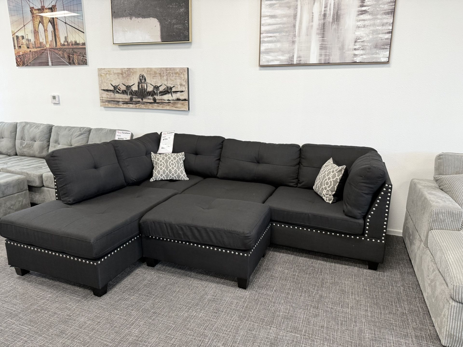 Black Sofa Sectional Set W/ Ottoman - EZ $10 Down Payment Options Available 
