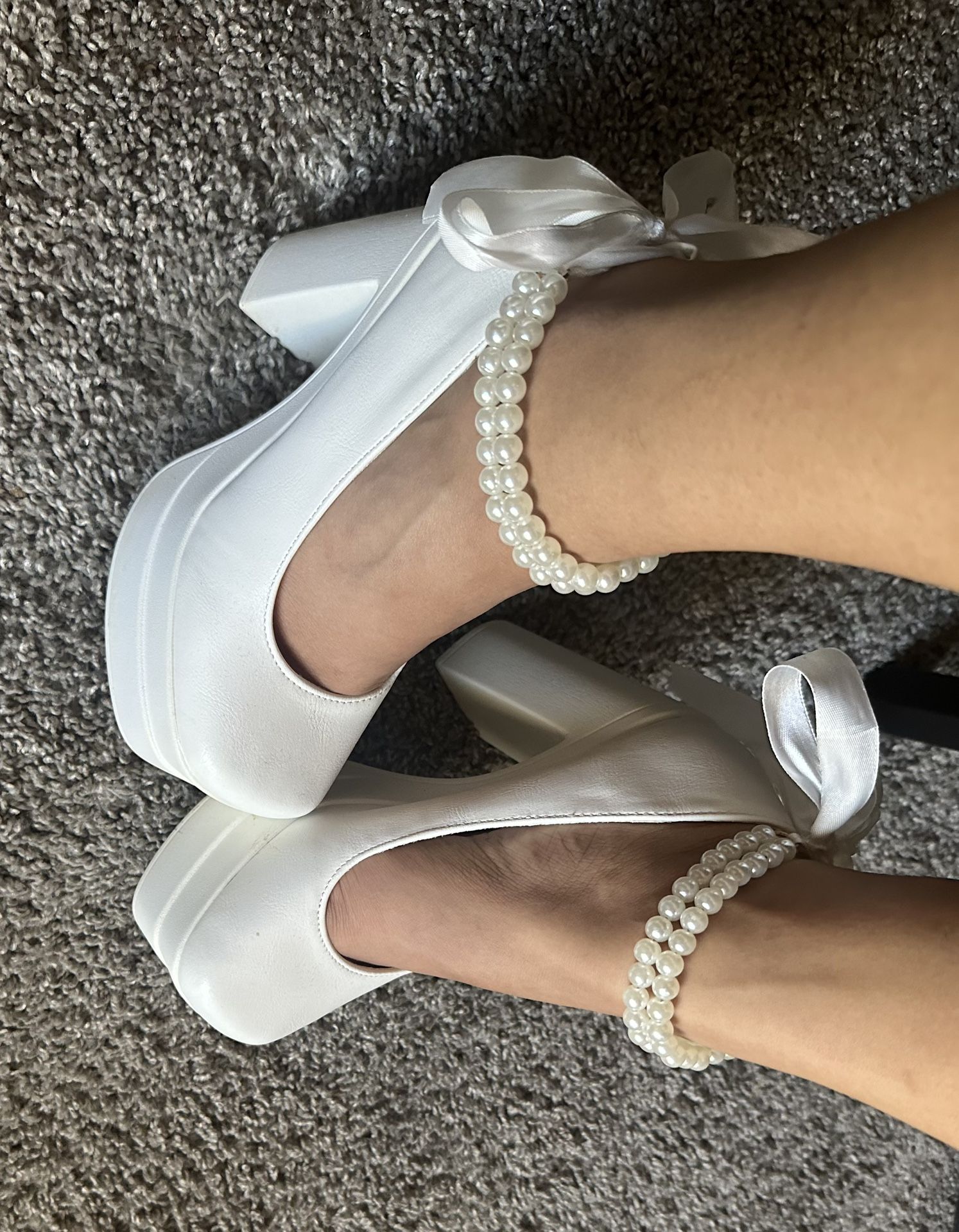 Chunky platform heels with pearls