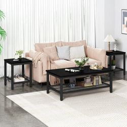 3 Pieces Coffee Table Set, Industrial Living Room Table Set with Metal Frame, Rectangular Coffee Tab
