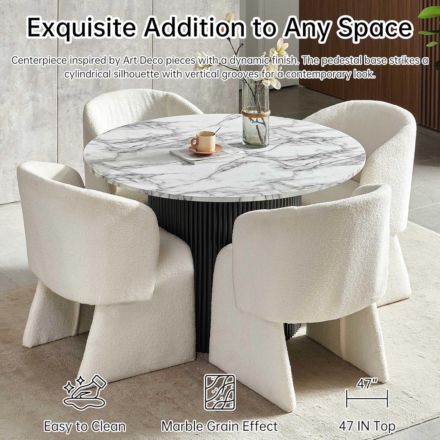 Piece Round Dining Table Set for 4, Modern 47 Inch Kitchen Table and  Chair Set, Dining Set with Off White Upholstered Armchairs, Manufactured  Wood T