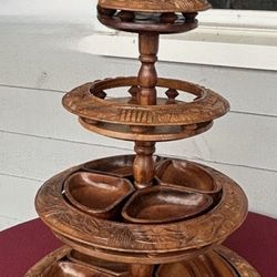 AWESOME DEAL!!! Vintage 4 Tier Wooden Lazy Susan Handmade Carved Monkey Pod Rotating Appetizer Serving Tray Tower Mid Century Bohemian Tiki Tray