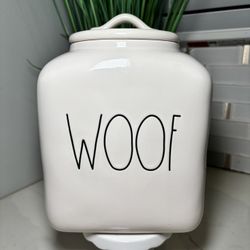 RARE Rae Dunn "WOOF" Dog Treat Large Square Canister white ceramic black font
