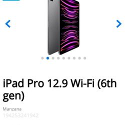  Apple Ipad Pro 12.9 Inch 6th Generation Wifi+Cellular-Unlocked VERIZON