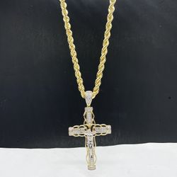 14k Gold Rope Chain And Crusifix Cross , Necklance Gold Pendant