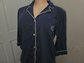 Women's RALPH LAUREN Sleep Shirt M Cotton Polka Dot Buttons 3/4 Sleeve Blue White Top