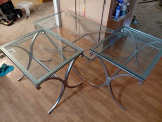 Modern Satin Nickel & Glass Living Room Table Set (3-Piece) – Sturdy, Excellent Condition