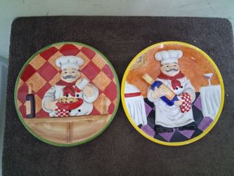 Vintage 3D Relief Ceramic Fat Chef Wall Decor Plates - Matching Set of 2