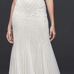 beaded sheath v neck dress with godets Allover Beaded V-Neck Sheath Wedding Dress main image 0