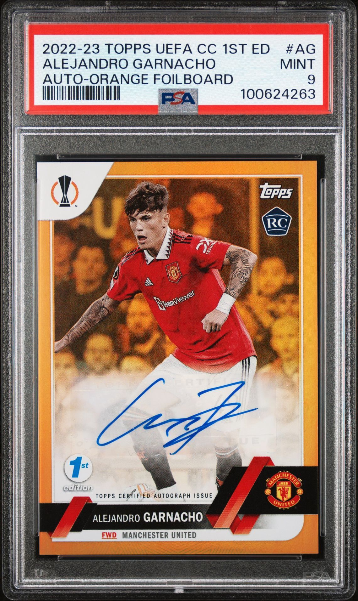2023 Alejandro Garnacho Topps Chrome UEFA CC Orange  1st Edition Auto #AG  PSA 9 Manchester United 