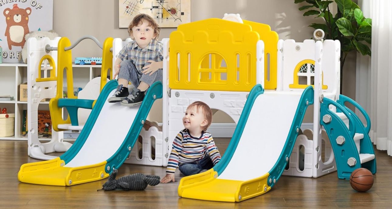 8 in 1 Toddler Slide and Swing Set with 2 Slides, Baby Slide, with Basketball Hoop, Climber, Aisle, Steering Wheel, Storage Space, Telescope, Indoor