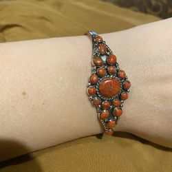 Santa Fe Style Coral Cuff Bracelet in Sterling Silver 7”